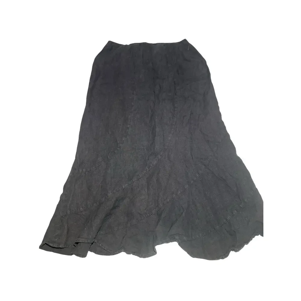 VTG Cut Loose Gray Linen Flared A-Line Midi Skirt Elastic Waist M Lagenlook